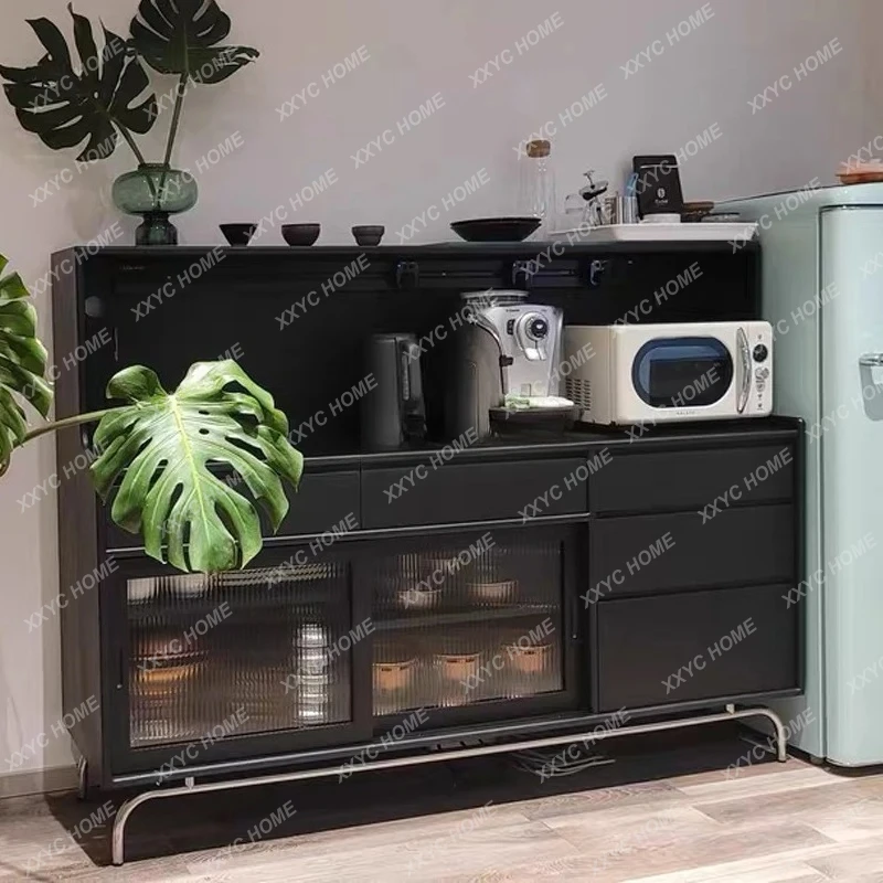FFSolid wood dining side cabinet, black light luxury cherry wood entrance, log integrated storage against the wall, wine cabinet