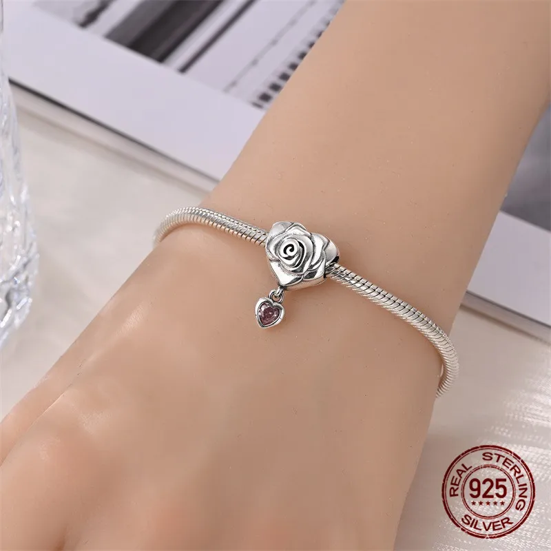 خرز على شكل زهرة من الفضة الإسترليني عيار 925 مرصع بالزركون مع سوار أصلي هدية مجوهرات نسائية ذاتية الصنع