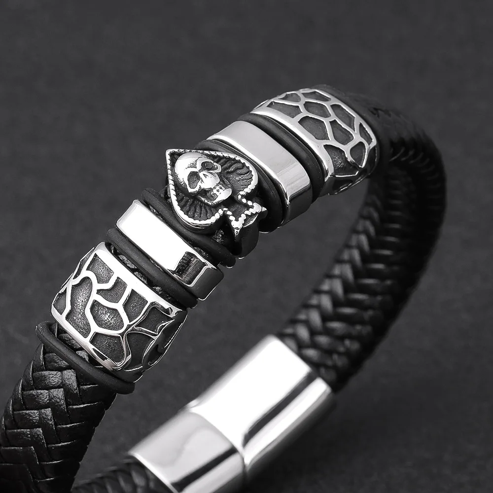 Poker Skull Braid Leather Men Bracelets Stainless Steel Magnetic Punk Vintage New in For Women Fashion Jewelry Gifts Wholesale
