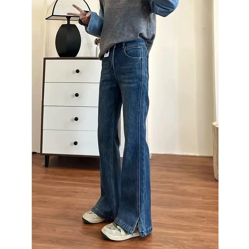 

Маленькие прямые джинсы с антипригарным покрытием для женщин, осенне-зимние расклешенные джинсы с разрезом, высокая талия и облегающие джинсы для грушевидной формы