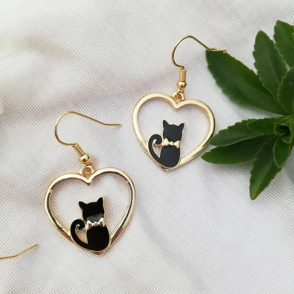 Fashion Cartoon Animals Cat Heart Dangle Earrings For Women Jewelry Accessories Female Trendy