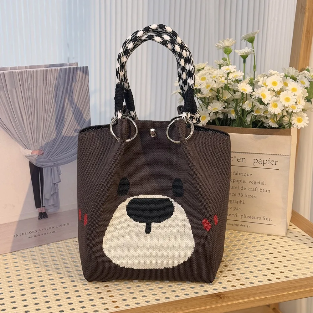 

Повседневная вязаная большая сумка с изображением кота, вязаная сумка с медвежьим плетением, кошелек с принтом, шерстяная сумка-ведро для поездок на работу