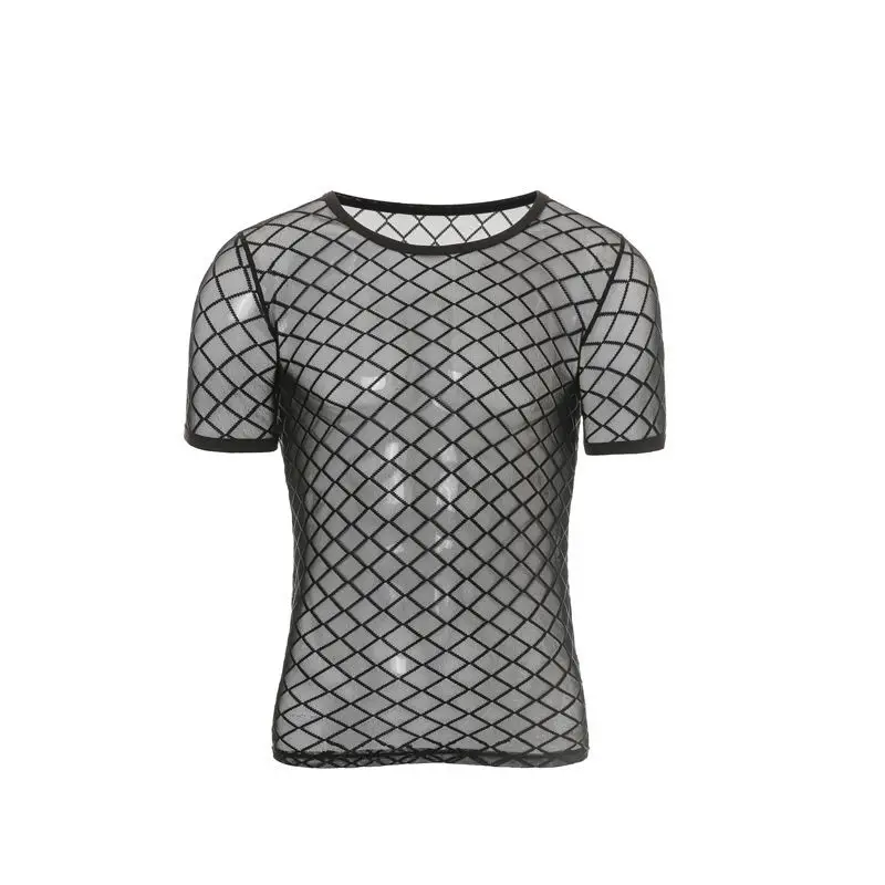Men Diamond Mesh Sheer Short Sleeve T-Shirt Sexy Clubwear Top See-Through Fishnet Crew Neck Breathable Partywear Tee Casual Wear