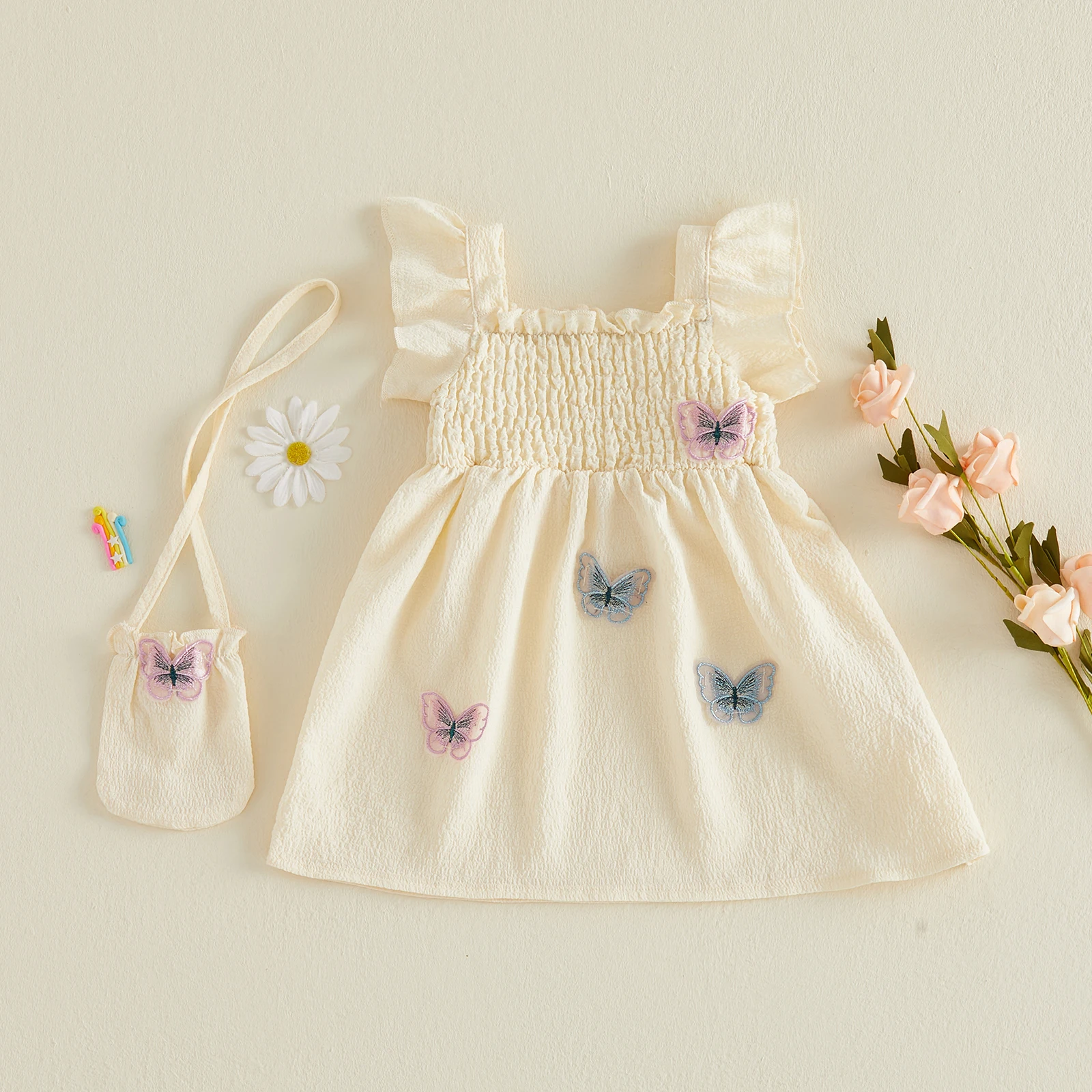 Little Girls Summer Dress Adorable Butterfly Embroidery Flying Sleeve Square Neck Dress and Matching Bag Set