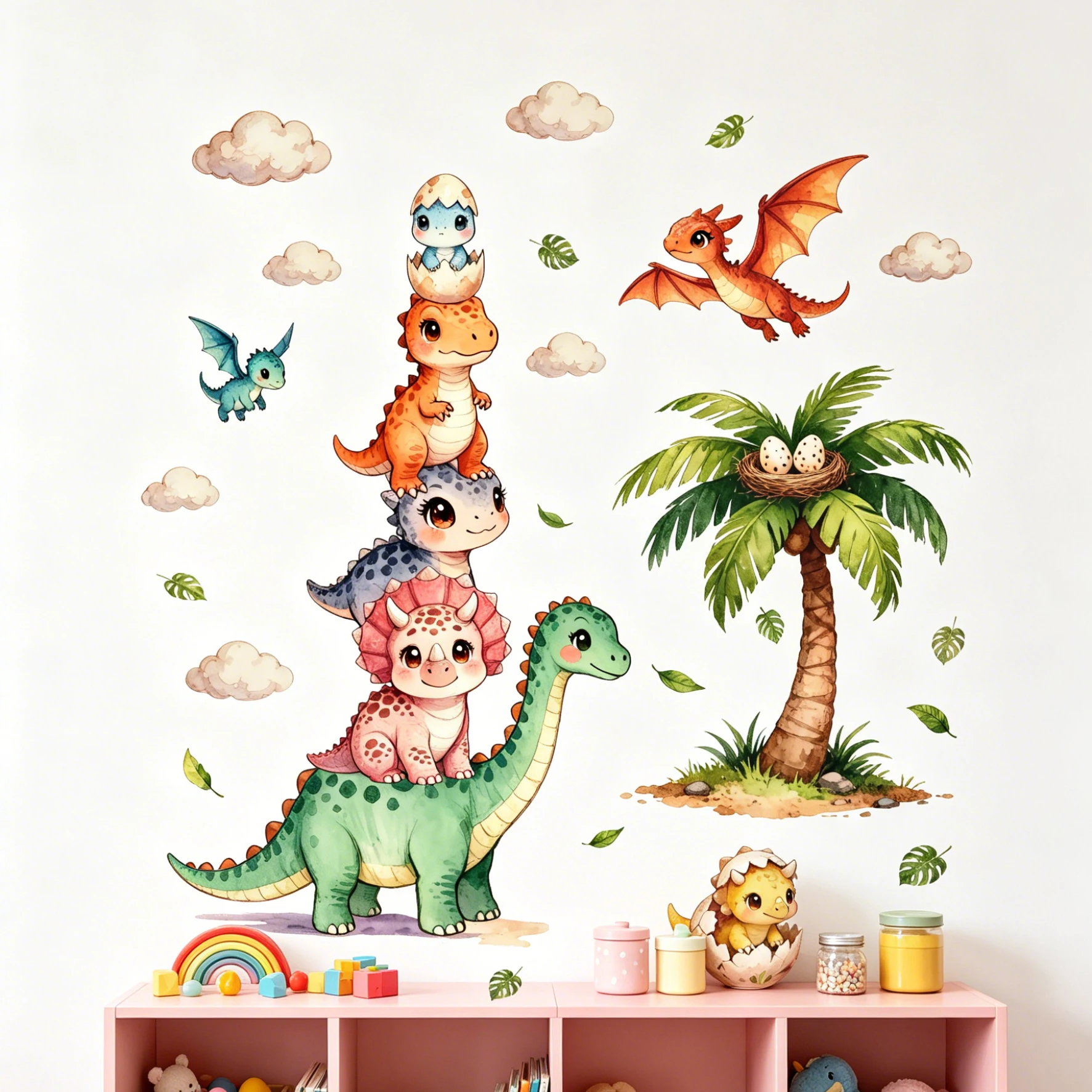 Watercolor Stacked Cute Dinosaur Wall Stickers Baby Dino Hatching Egg Palm Tree Cloud Leaves Wall Decals Removable Boys Nursery