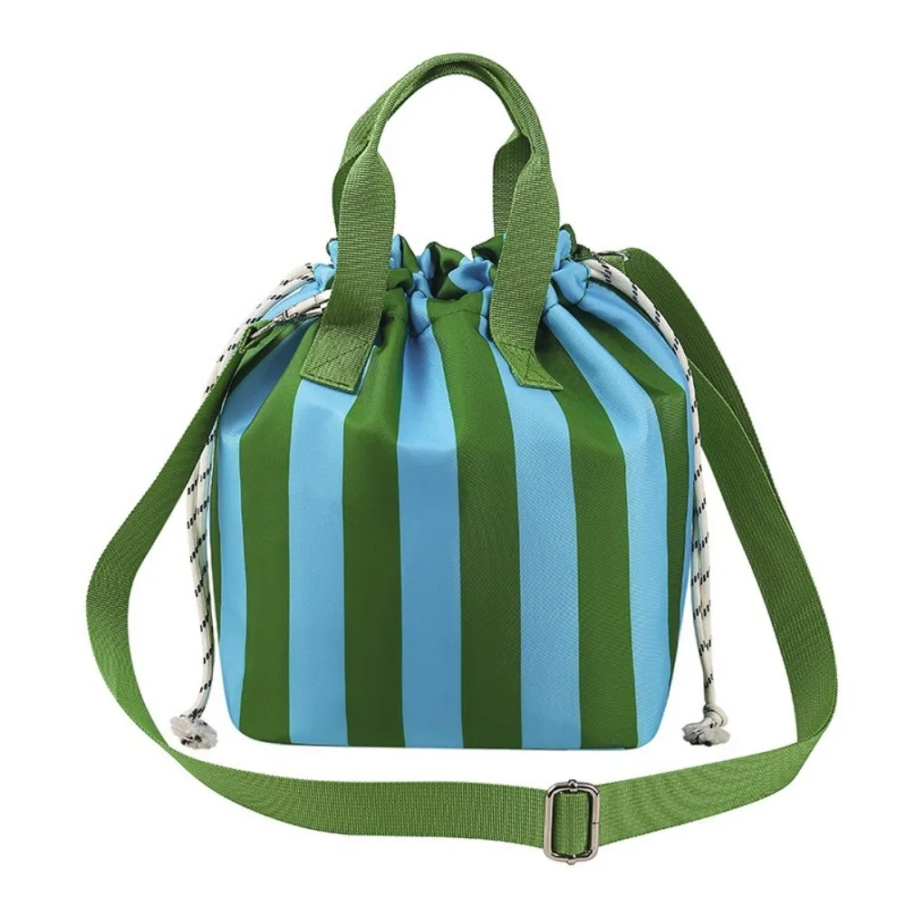 Color Block Drawstring Lunch Box Bag Striped Aluminum Foil Liner Insulated Lunch Bag Adjustable Detachable Shoulder Strap