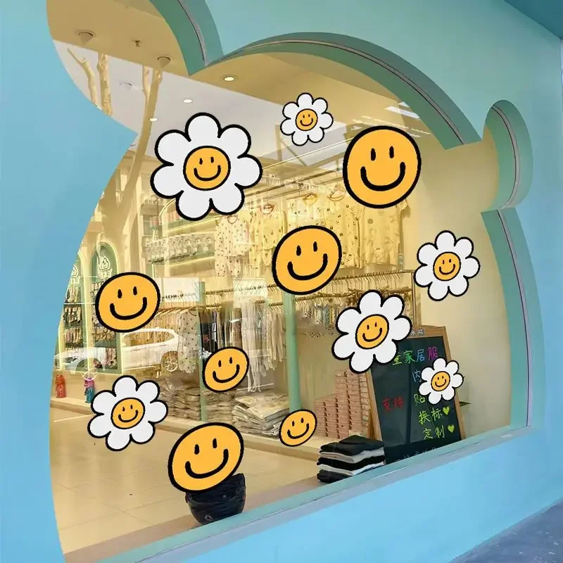 Korean-style Static Cling Wall Decals Sunflower Glass Storefront Anti-collision Stickers Waterproof Desserts Shop Decorations
