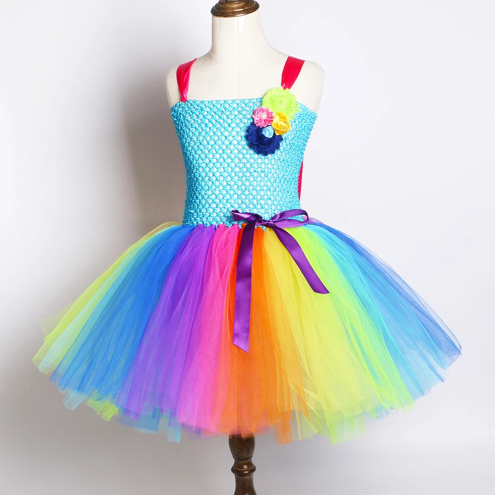 Rainbow Unicorn Costumes for Girls Candy Tutu Dress with Flower Bow Wings Kids Halloween Christmas Outfit Birthday Party Clothes