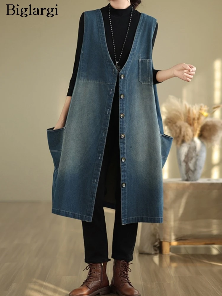 Denim Oversized Autumn Sleeveless Vests Coat Women Print Fashion Casual Ladies Jackets Loose Ruffle Pleated Woman Midi Coats