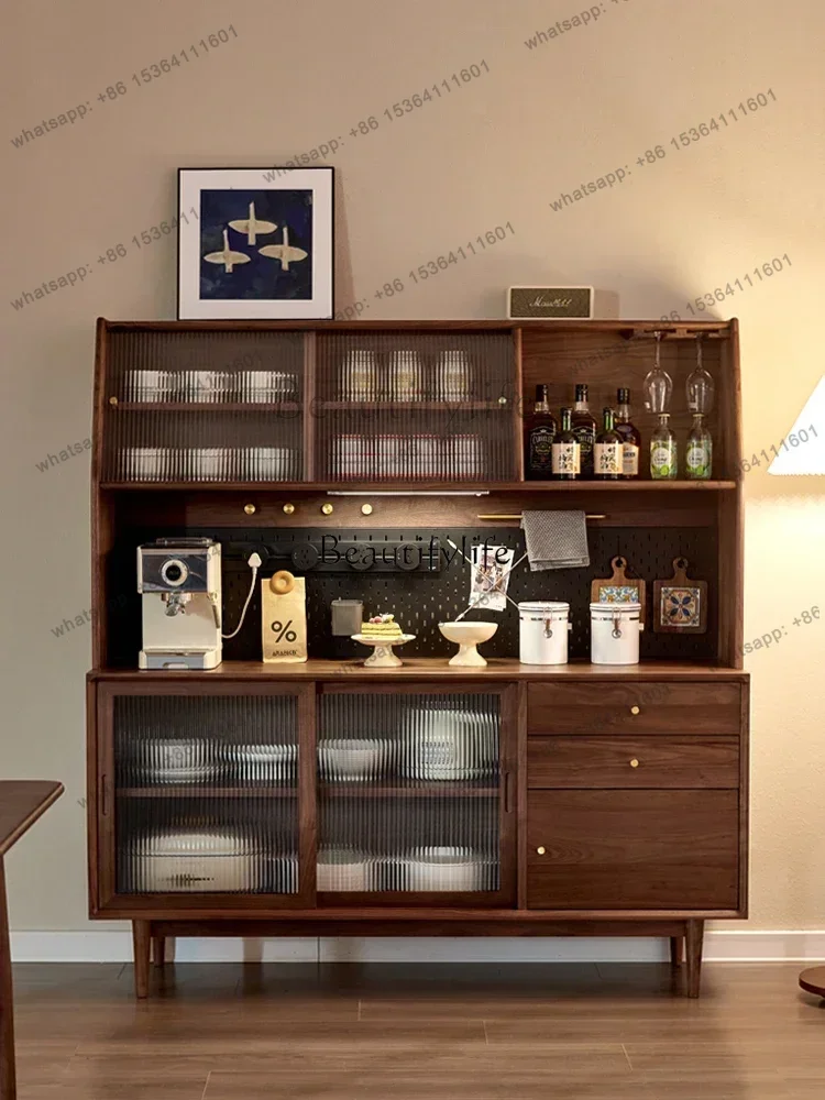 D30*Sideboard Cabinet Solid Wood Integrated Nordic Wall Storage High Glass Cabinet Storage Black Walnut