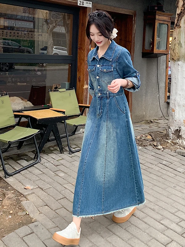 Spring Long Sleeve Women's Denim Dress Shirt Princess A-Line Skirt Loose Waist Sweet Style Casual Wear Spring Collection
