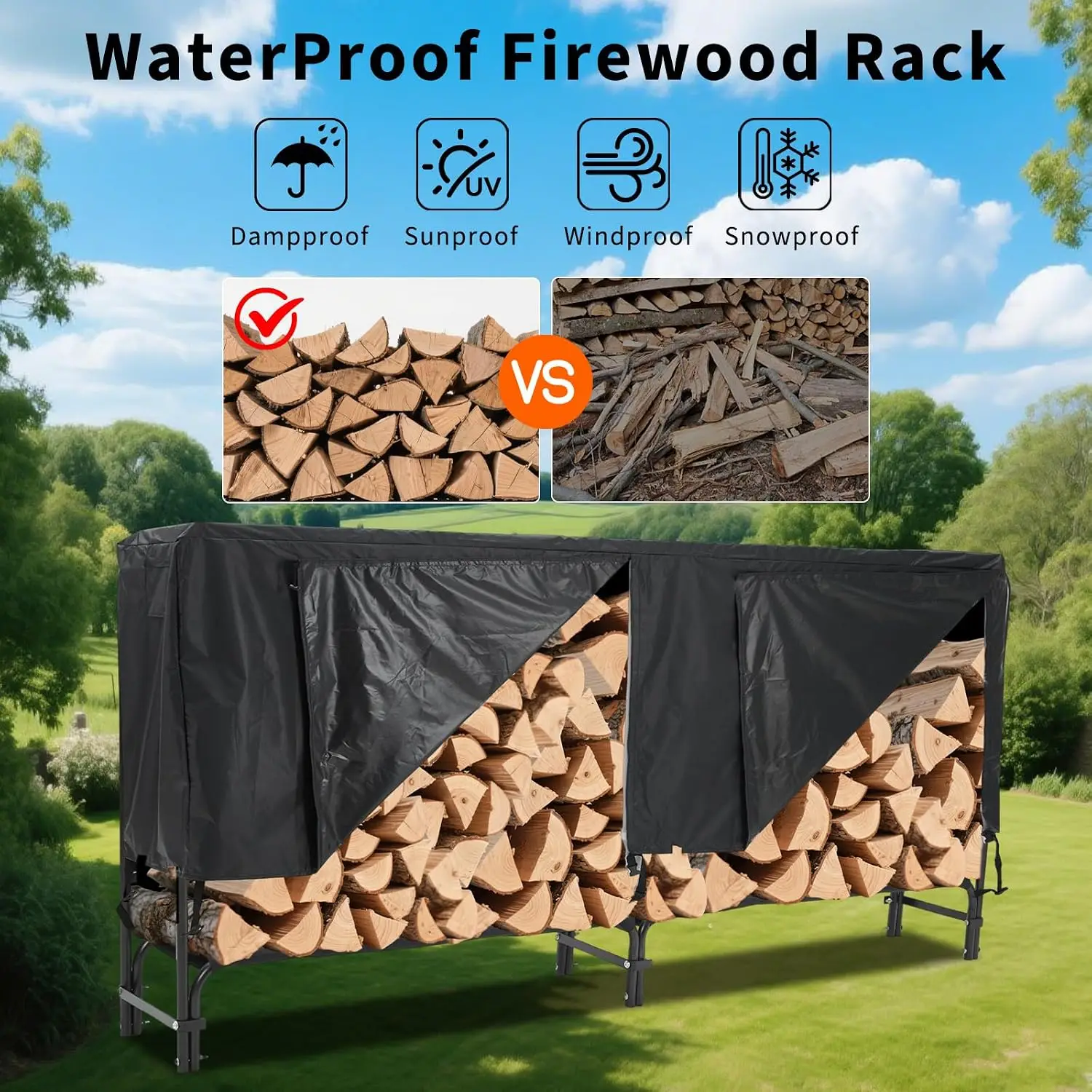 8FT Heavy Duty Firewood Rack with Waterproof Zippered Cover ulti-purpose Log Holder Rust Proof With Weatherproof Black Oxford Fabric Ideal for Fireplace, Patio, Backyard Storage