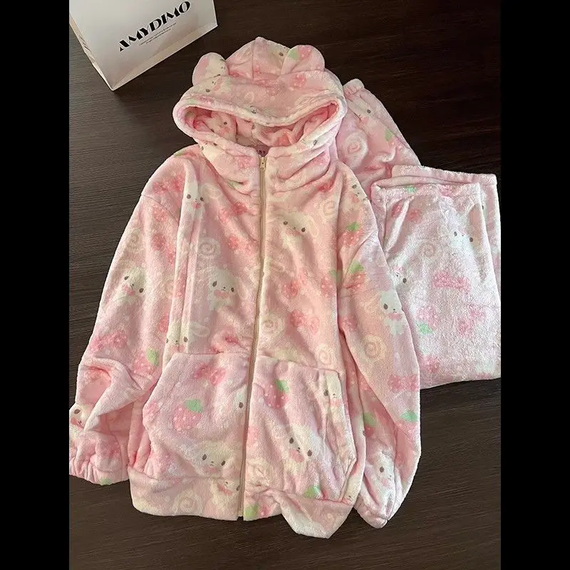 Winter Girl Cartoon Pajamas Cute Rabbit Pattern Hooded Zipper Fleece-Lined Thicken Keep Warm Comfortable Homewear Two-Piece Set