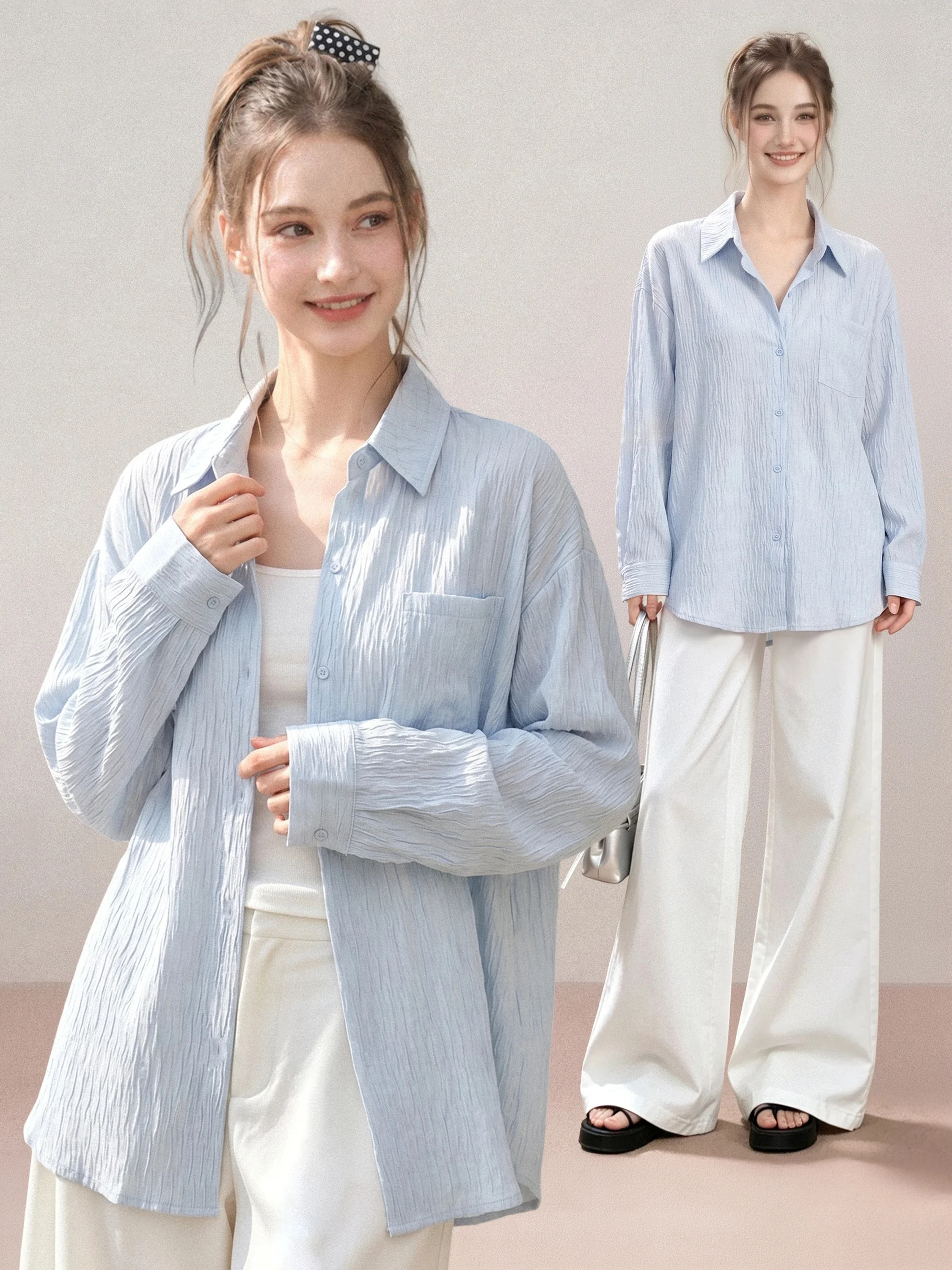 Blue Lightweight Women's Sun Protection Shirt Outerwear Shoulder-Length Loose Slimming Summer Commute Style Long Sleeve Butto...