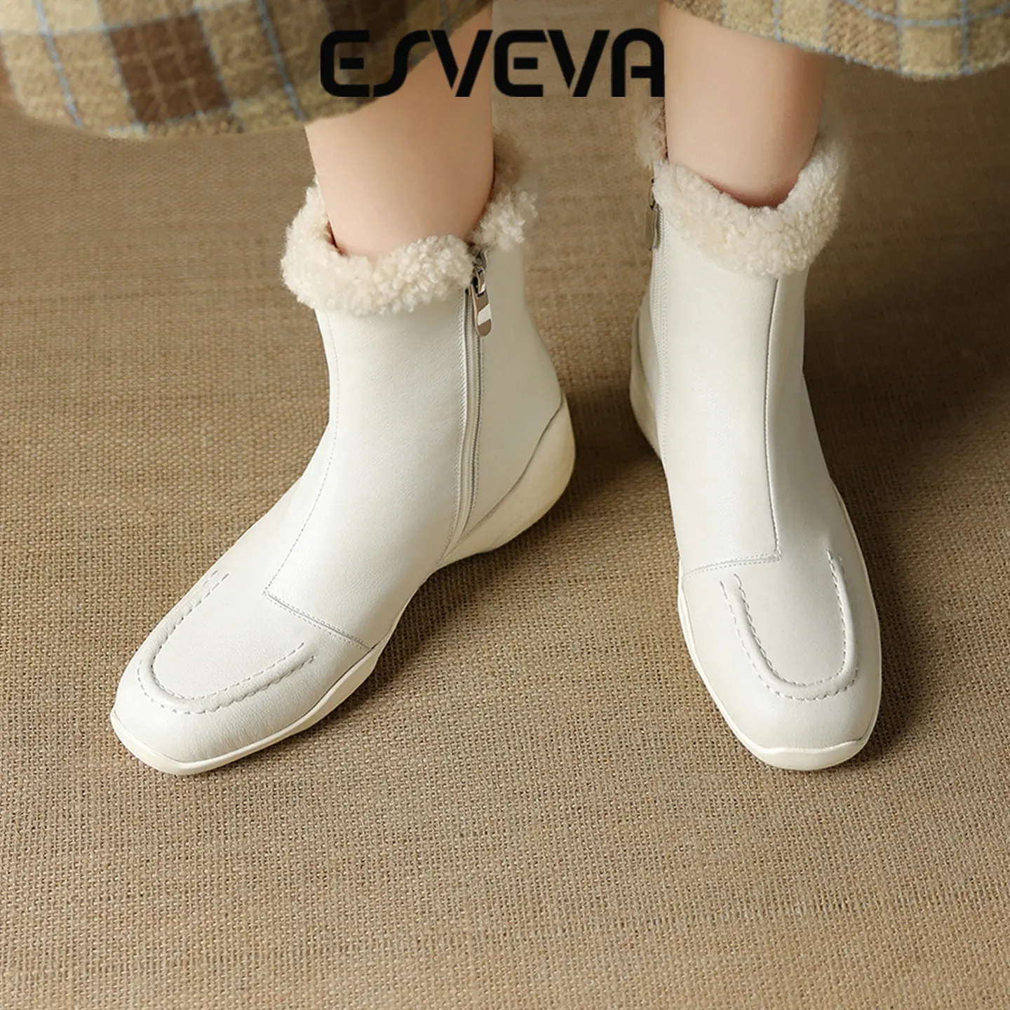 ESVEVA 2027 Fashion News Winter Women Ankle Boots Genuine Leather Wool Warm Woman Snow Shoes Round Toe Zipper Short Boots 34-40
