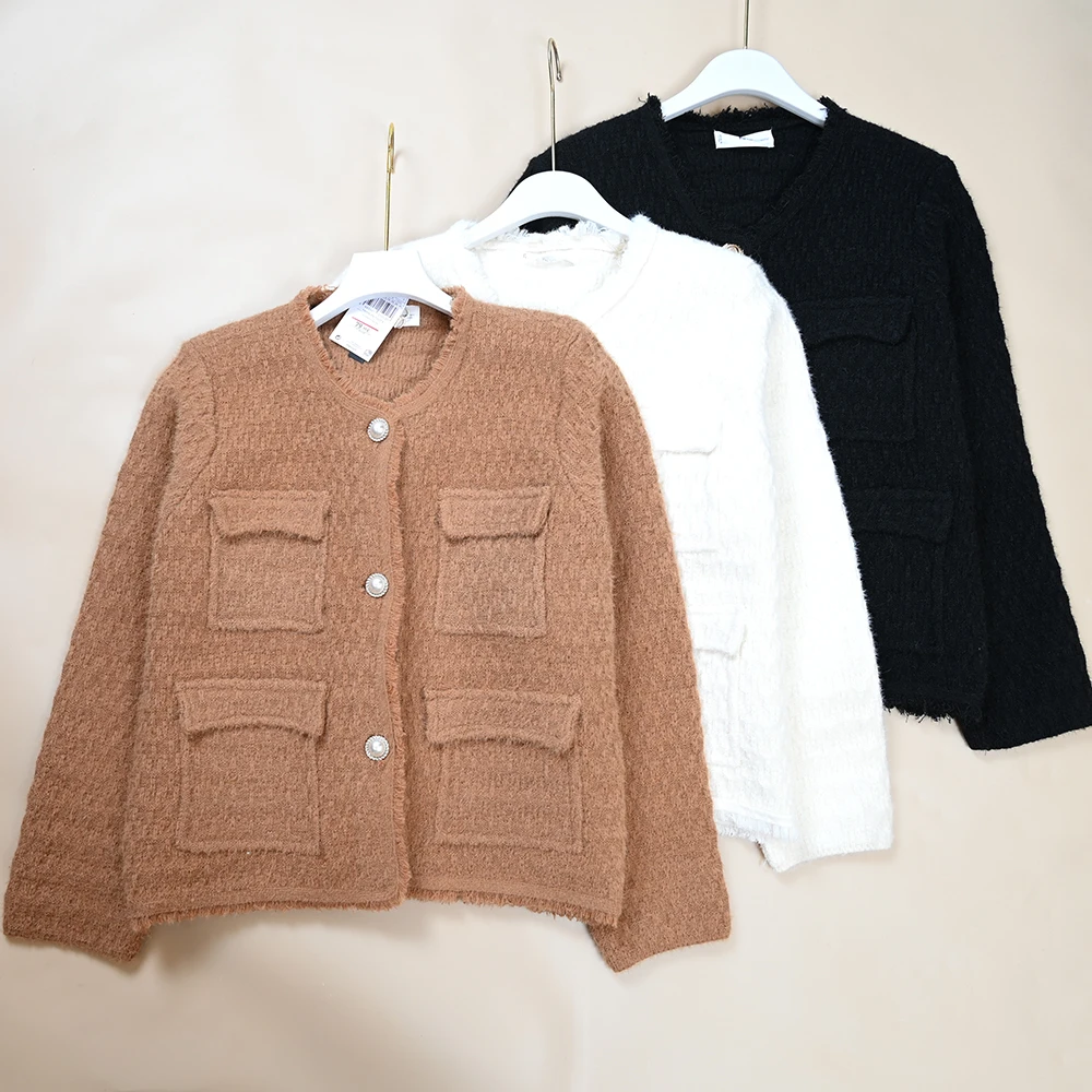 Autumn Winter Women's round Ne Open Cardigan Long Sve ort Length Wool Blend Fce Outerwear Luxury Sle Button Closure