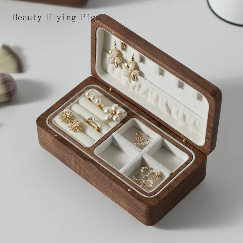 1 pc Double layered walnut jewelry box Earring and nail storage box Dressing table bedroom home decoration Girl's birthday gift