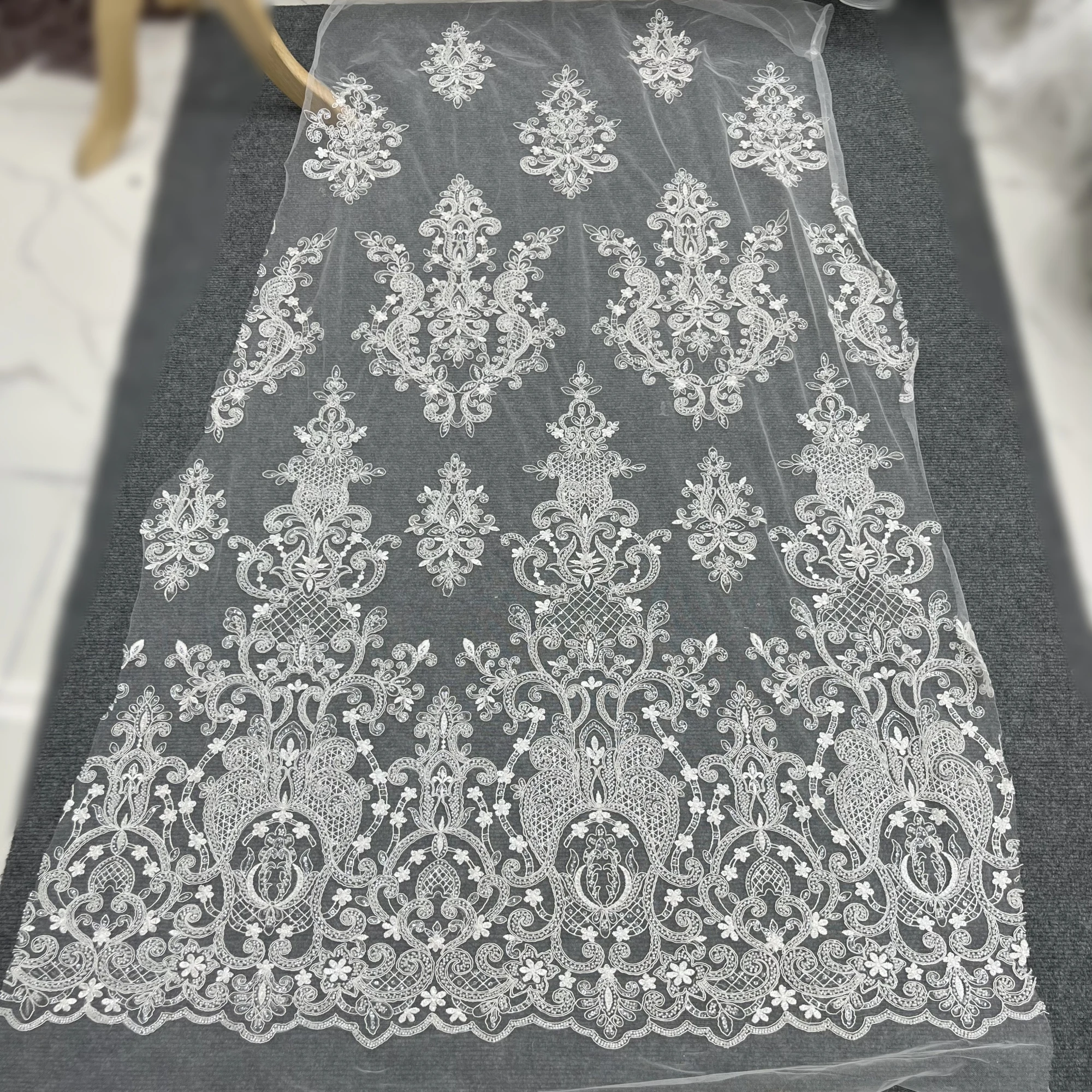 Three-Dimensional Feeling Beads Sequins Tulle Embroidery Lace Fabric Suitable For Private Customized Clothing Design