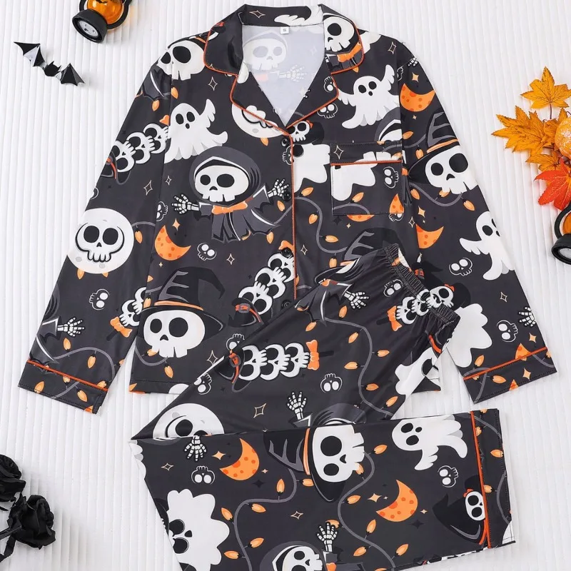 European and American Women's Halloween Pajama Set, Long Sleeve Lapel Collar Trousers, Premium Quality Loungewear