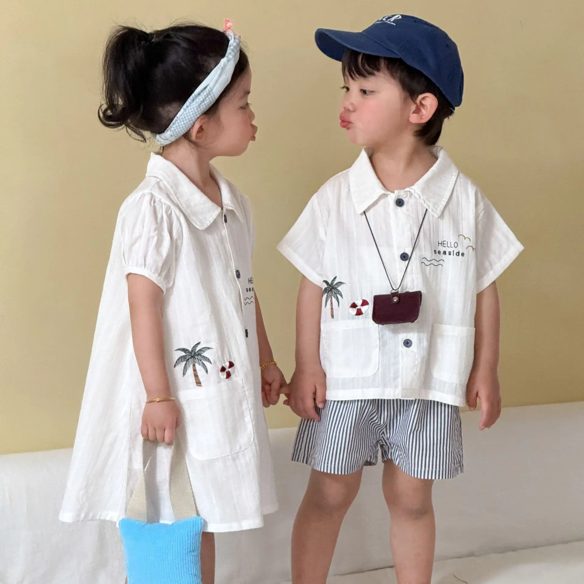 2026 Summer New Children Vacation Clothes Set  Brother and Sister Outfits Boys Shirts + Shorts 2pcs Set Girls White Shirt Dress
