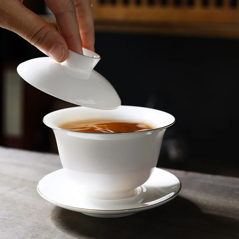 Weißes Porzellan-Gaiwan-Teeservice mit Deckel und Untertasse, Jadeähnliche Keramik-Kung-Fu-Teetasse für Zuhause und Büro