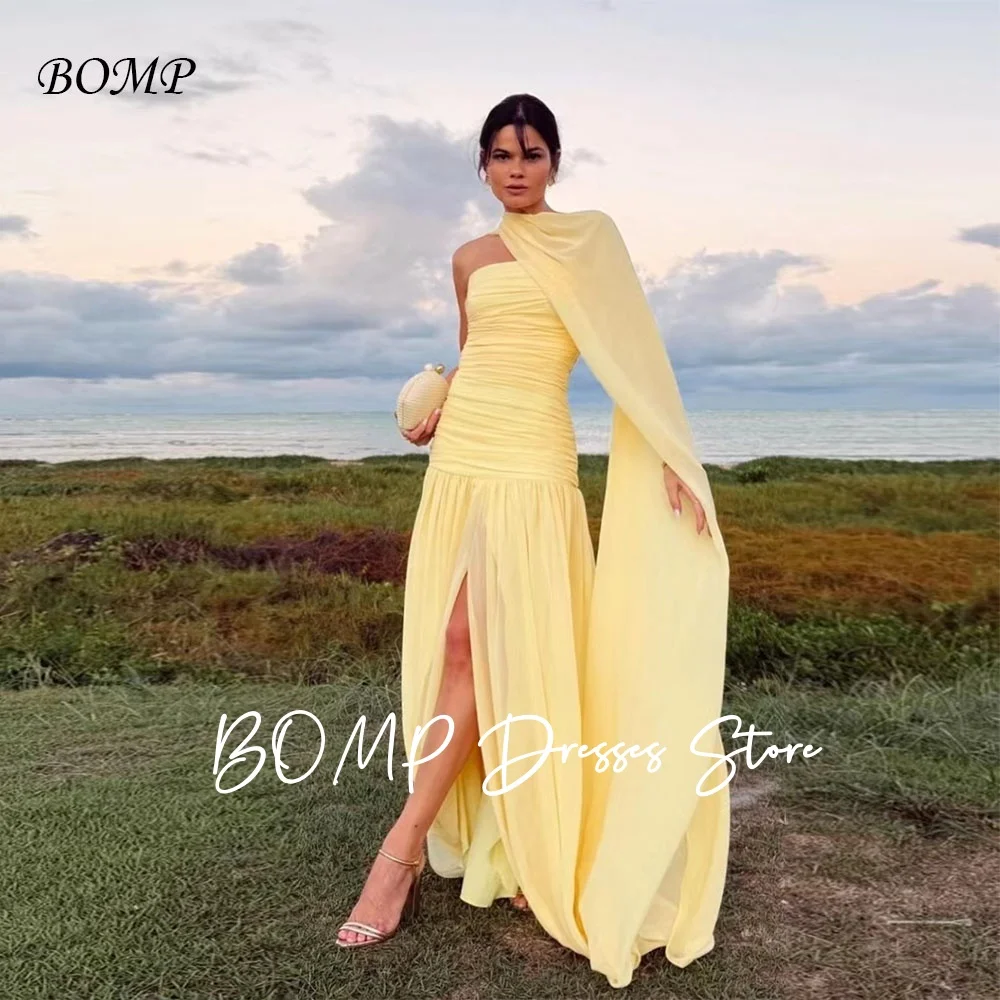 فستان سهرة أصفر أنيق من BOMP مع سترة على شكل حرف A وطيات بطول الأرض شيفون سعودي عربي مناسبة رسمية للحفلات مخصص #2