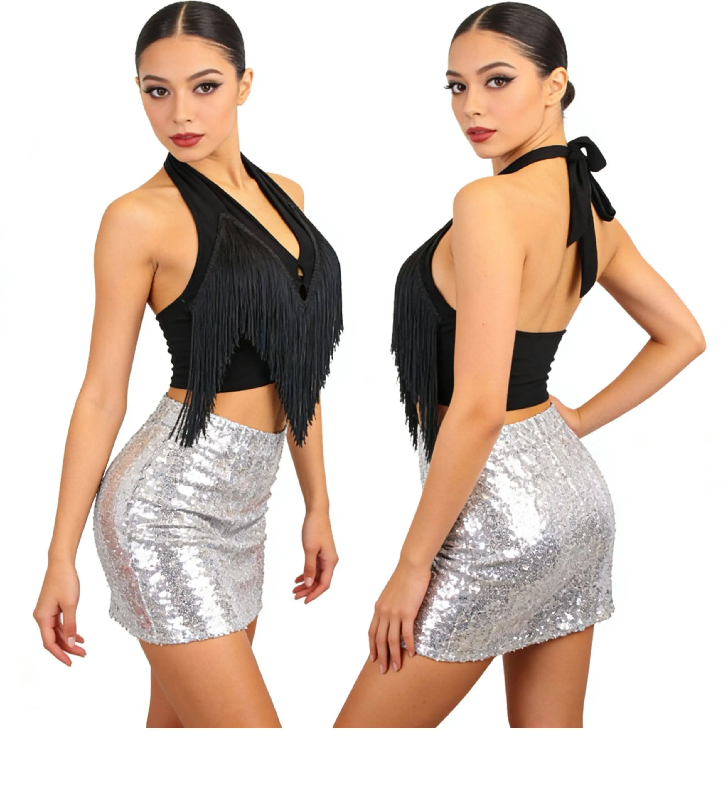 

New Latin Dance Tassels Performance Tops Halter Neck Sexy Short Tops Women Cha Cha Rumba Samba Dance Wear Practice Blouse SS1411
