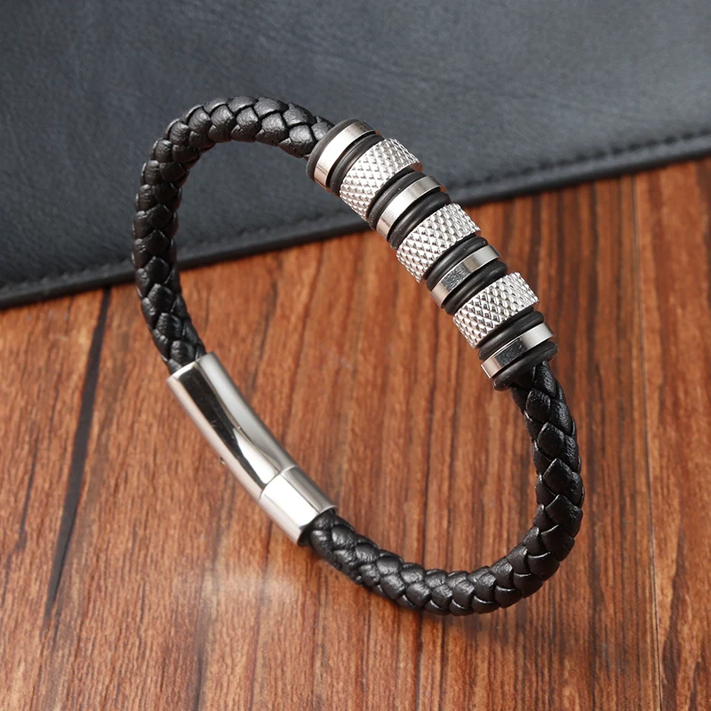 New Style Male Bracelet with Stainless Steel Beads Punk Braided Leather Bracelets Jewelry for Men 2022 Surprise Gift