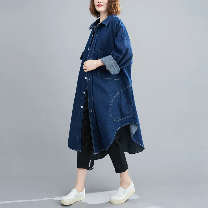

Loose Long Blue Denim irt Dr Coat Casual Asymmetrical Sle Medium Length plus Size Women's Faion Outerwear Coat