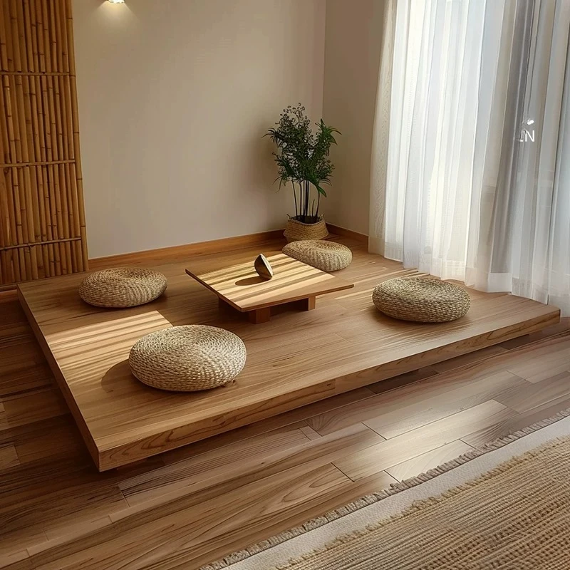 Solid wood tatami floor living room low bed bedroom 1.8 meters 1.5 meters homestay Japanese log bed anti-collision design