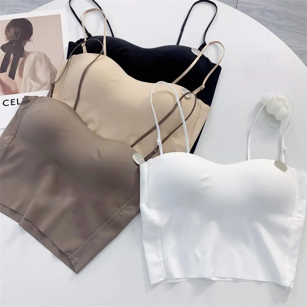 

Women's Camisole Shoulder Strap Ice Silk Sling Vest with Chest Pad Adjustable for Summer Female clothing 2024 티셔츠