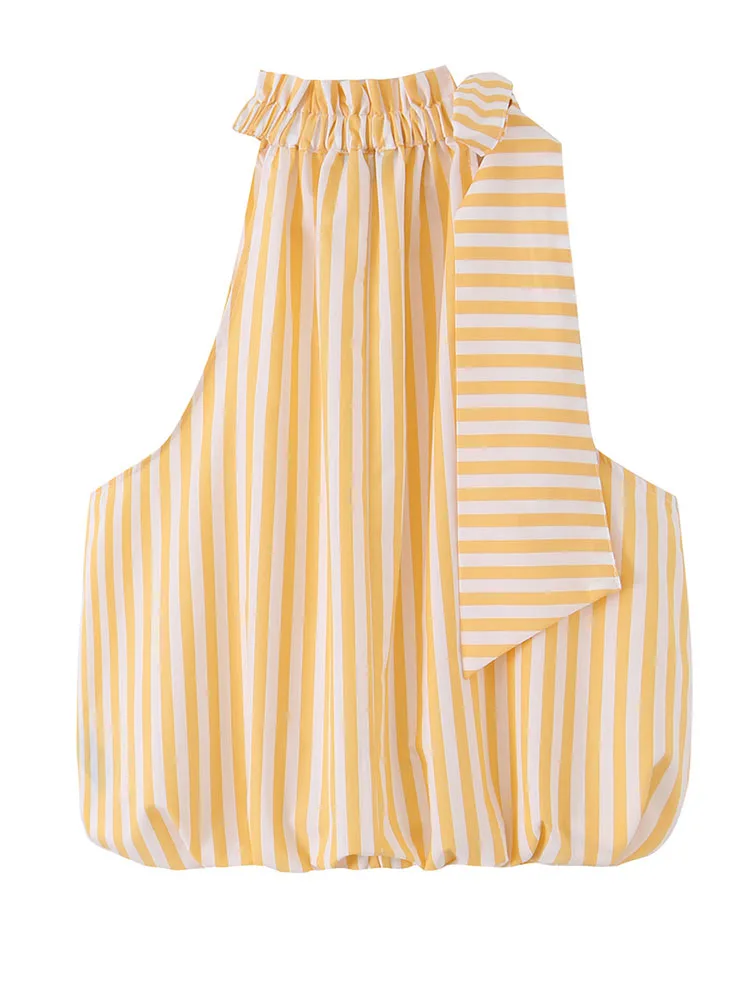 HH Women Summer Spring Coastal Breezy Yellow White Stripe Halter Blouse Spring Ruffle Neck Self Tie Sash Bubble Hem Loose Tank