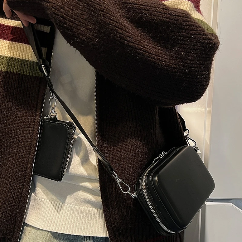 NEW Small Square Bag for Men Simple Black Combination Shoulder Crossbody Bag Pu Leather Trendy  Mobile Phone Zipper Purse