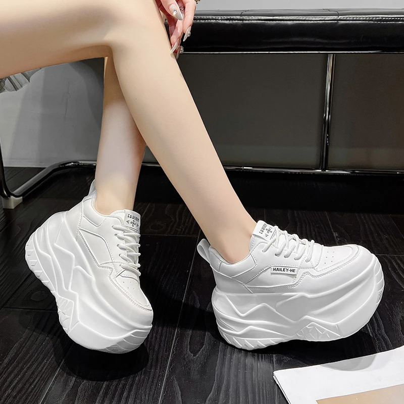 High-Top White Dad Shoes Vertical View - 9CM Wedge Platform Leather Sneakers for Spring Autumn
