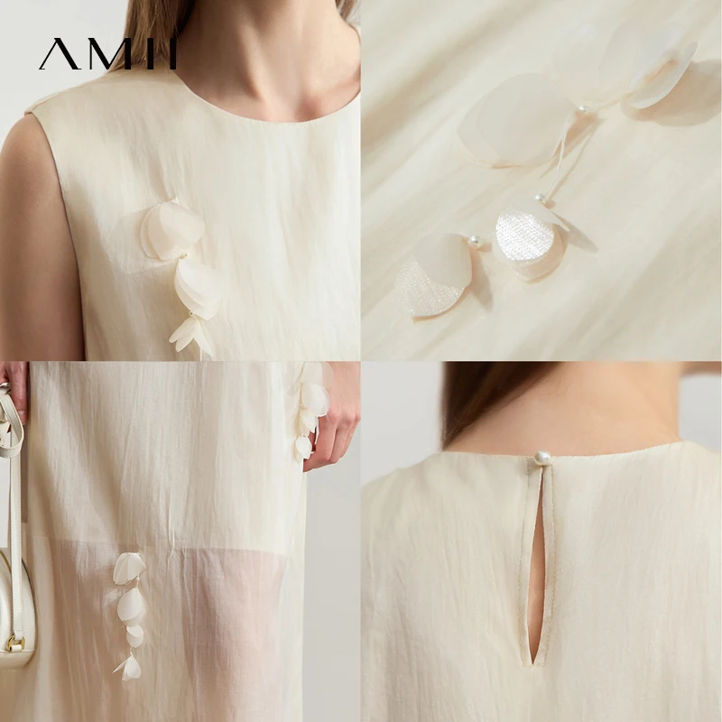 Amii 여성 드레스 미니멀리스트 솔리드 컬러 멀베리 실크 코튼 블렌드 민소매 3차원 스터드 플라워 드레스 12542104