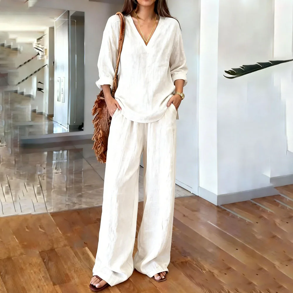 

Повседневные хлопковые брючные костюмы для женщин, лето 2026: модные свободные топы с длинным рукавом и V-образным вырезом, комплект из 2 предметов, элегантные женские наряды