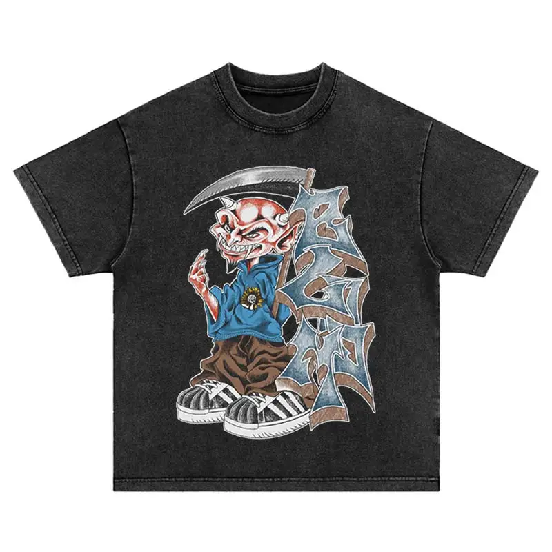 Japan Punk Hip Hop Harajuku Cartoon Vintage Streetwear Anime Print Cotton Washed Leisure Oversize Short Sleeve Loose T-Shirt Top