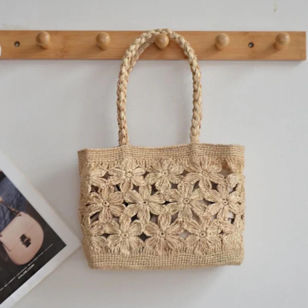 Bohemian Flower Straw Bag Tote Hollow Floral Beach Bags For Women Handbag Handmade Woven Shoulder Bag Summer Travel Shopper NEW