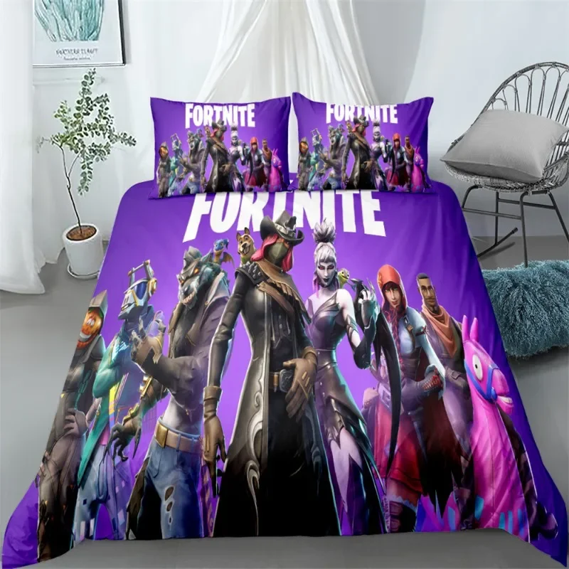 Set sprei tiga potong motif kartun Fortnite yang tampan, merchandise game, hadiah kecil