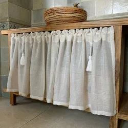 Japanese Short Tulle Curtains with Tassels, Solid Kitchen, Bathroom, Closet, Cupboard, Door Curtain, Window Valance Decor