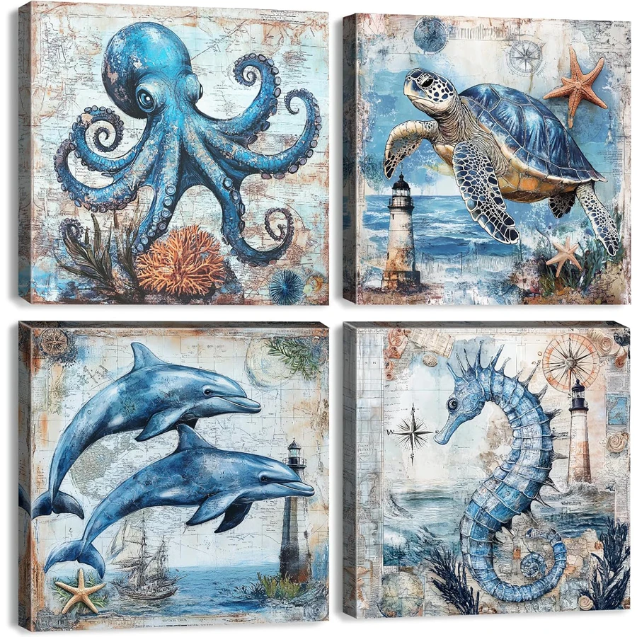 

Diamond painting Sea Turtle Seahorse Dolphin Octopus 4 pcs Wall Art Beach Nautical Vintage Coastal Animals full drill home decor