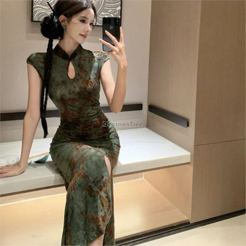 2026年女性向け新作中国風改良版チャイナドレス-レディース-レトロロンググリーン花柄旗袍スカート-レディース旗袍ドレス