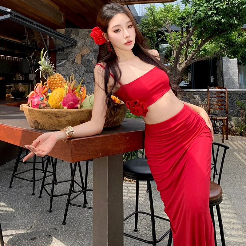 

Красный топ-жилет с цветочным принтом, сексуальный облегающий топ с разрезом, женский праздничный комплект из полиэстера, весенний