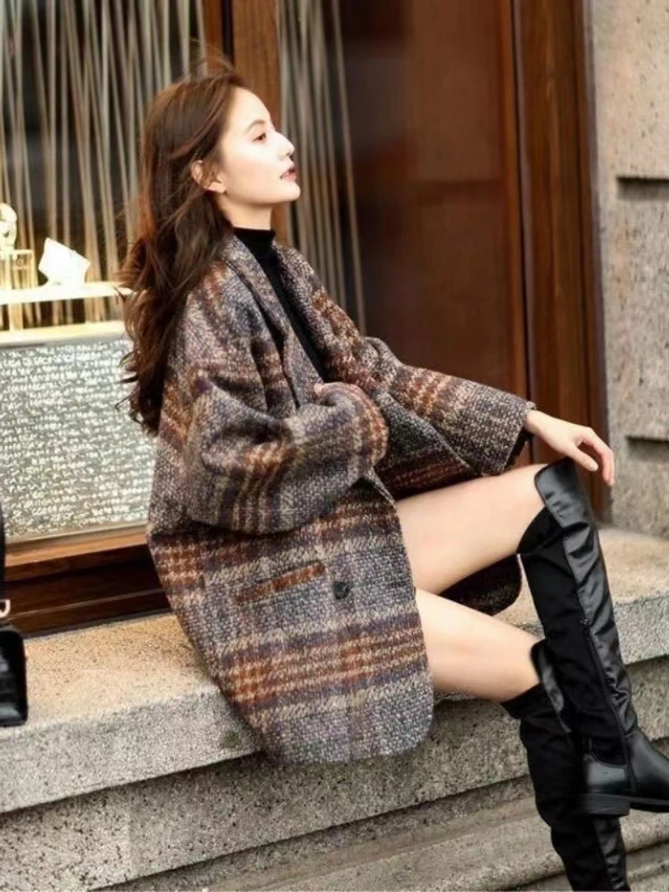 Tweed Blends Women Elegant Fashion Korean Autumn Winter Coat Streetwear Casual Slouchy Plaid Aesthetic Clothing Outwear Womens