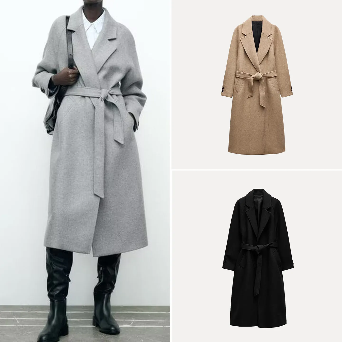 

Женское модное длинное пальто Z 2025: повседневное, универсальное, с поясом, в европейском стиле, шерстяное, для молодых женщин