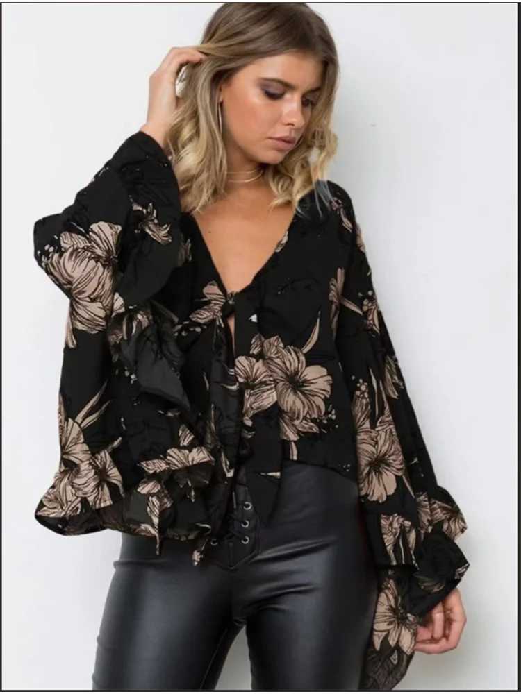 Women's Black Floral Printed T-Shirt V-Neck Petal Long Sleeve Casual Top Autumn Chic Top