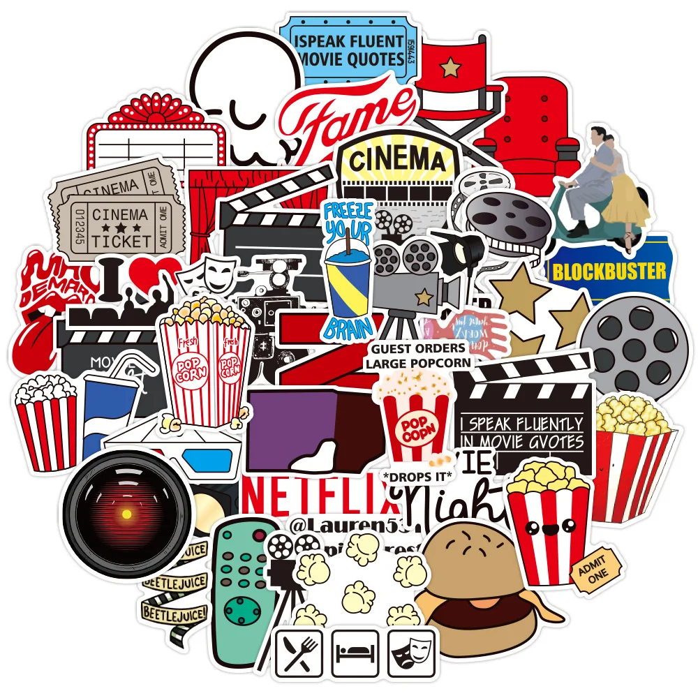 50 Pieces Cinema Diy Stickers Projector Popcorn Decals For Laptop, Water Bottles Movie Night Theme Birthday Party Decorations