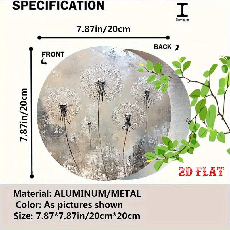 2D Flat, 2D Flat - A Vintage Metal Sign with a 2D Flat Design Showcasing a Round Image of Intricate Black And White Dandelions.