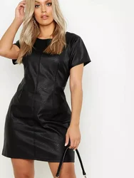 Black Matte Faux Leather Women Mini Dresses Ladies Casual Short Sleeve Splicing Stretch PU Dress Party Summer Chic Loose Dress