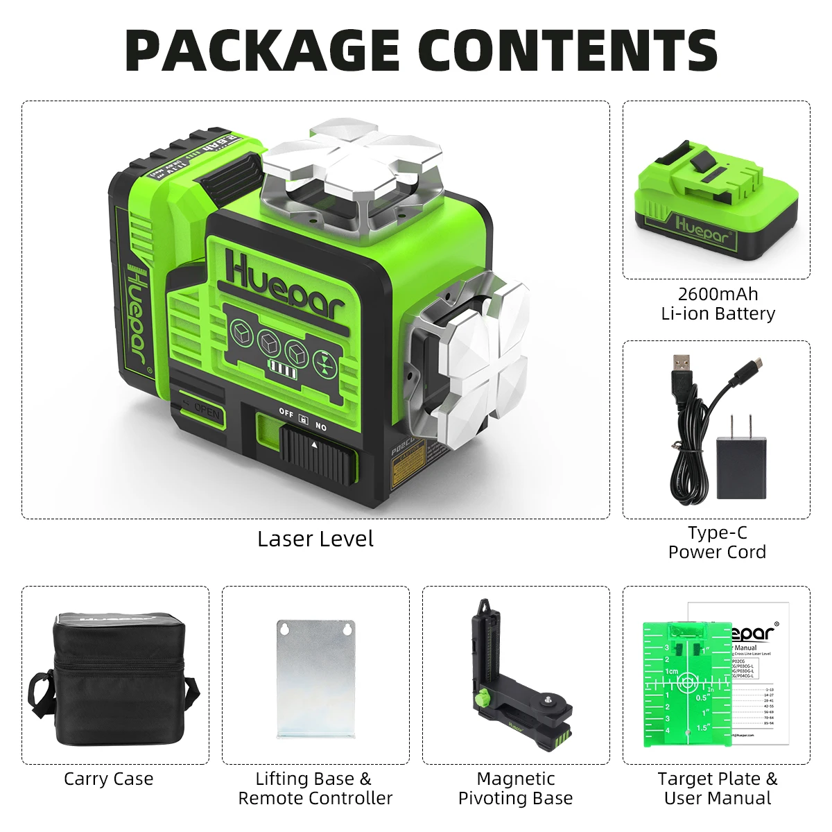 Huepar 8 Lines Laser Level 2D Green Beam Self-leveling with Bluetooth &Pulse Mode